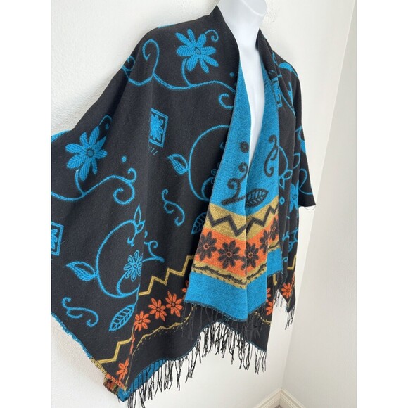 Poncho Wrap Boho Southwest Black Turquoise Reversible Fringe Trim Sz OS - Picture 2 of 4